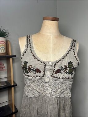 Sacred Threads gray embroidered tank dress with green and brown accents